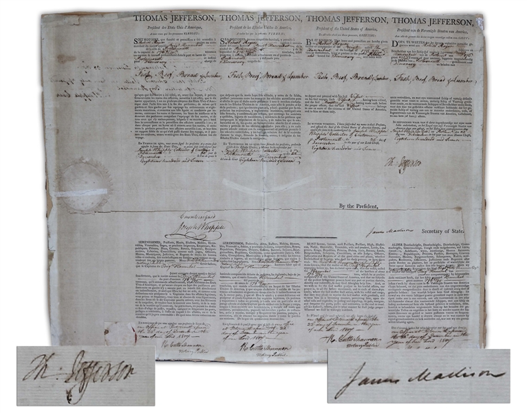 Thomas Jefferson & James Madison Signed Four-Language Ships Papers -- Jefferson Signs as President & Madison as Secretary of State